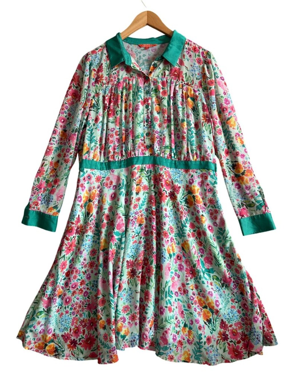 ModCloth Women's Sz 1X Floral Long-Sleeve Fit & Flare Dress With Green Details